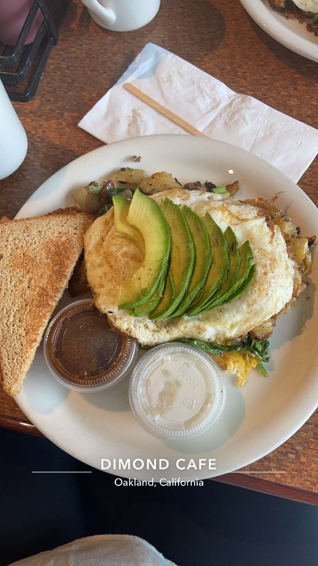 A guest's breakfast plate with avocado, eggs and toast